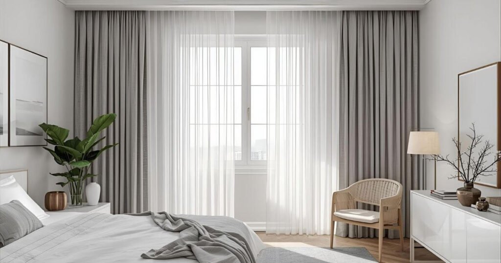 Modern bedroom with double curtain rods featuring layered sheer and blackout curtains.