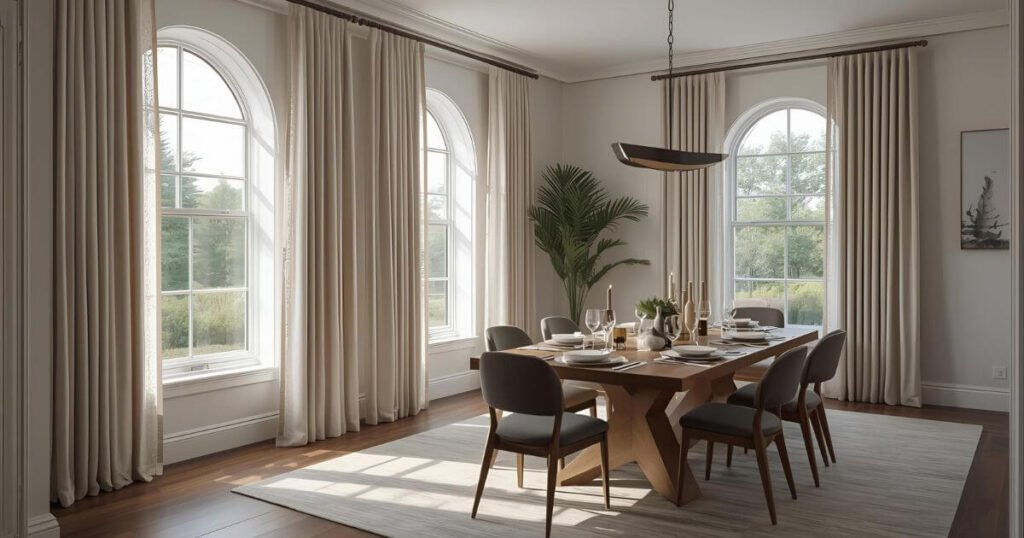 A modern dining room with elegant curtains, warm lighting, and a wooden dining table, creating a cozy and stylish atmosphere.