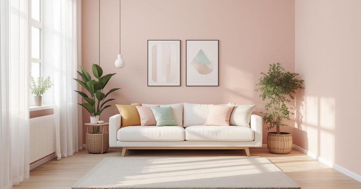 “Living room with light pink walls and sheer white curtains”