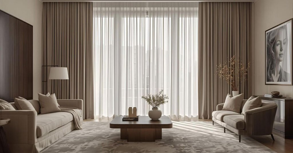 Elegant living room with floor-to-ceiling beige linen back tab curtains in a modern minimalist USA home