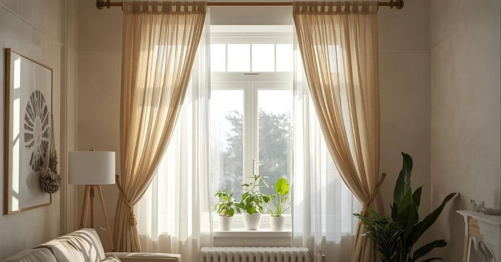 Window with curtains hung using rope and wooden dowel, no curtain rod needed, modern cozy living room.