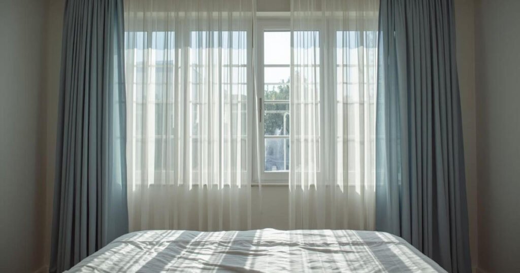 Sheer curtains without lining allowing sunlight and reducing privacy in a bedroom