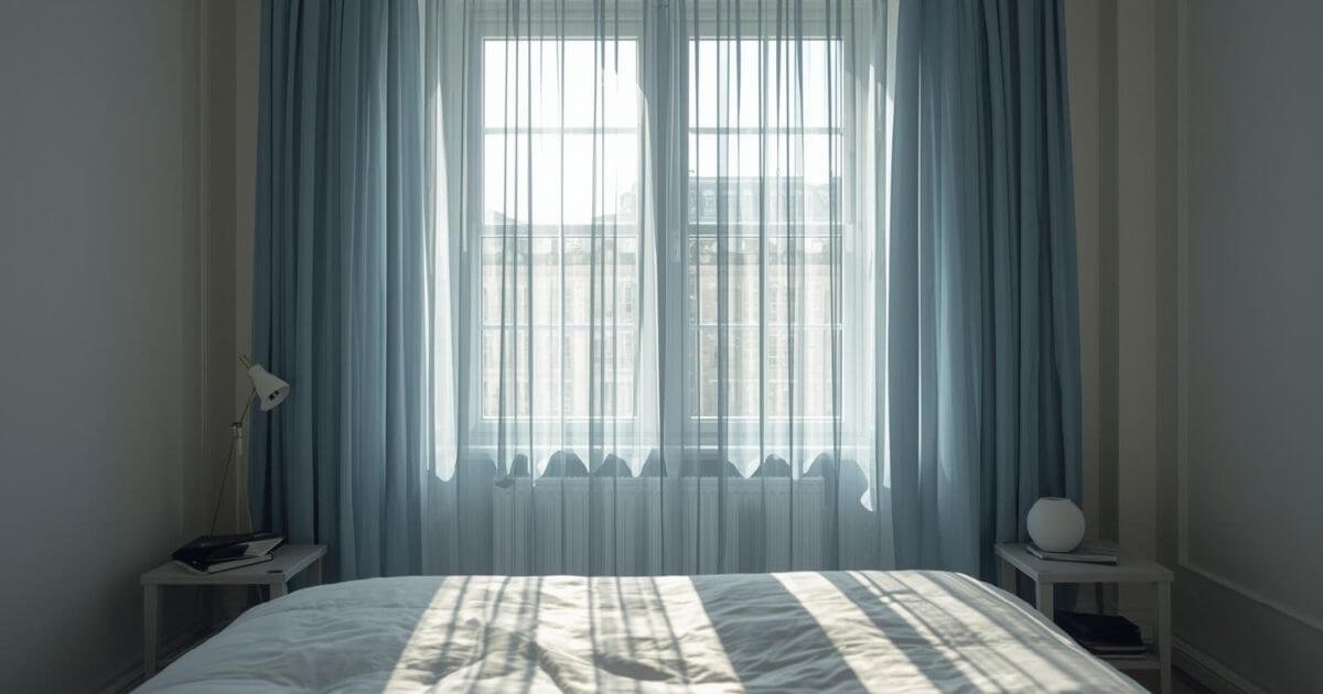 Sheer curtains without lining allowing sunlight and reducing privacy in a bedroom