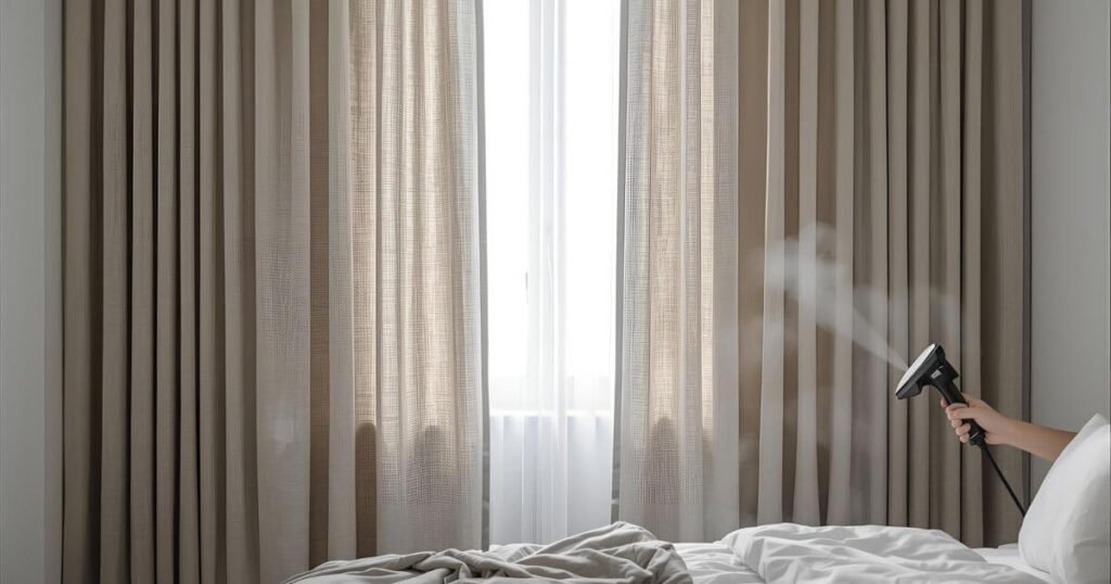 Blackout curtains being steamed to remove creases in a modern bedroom setting