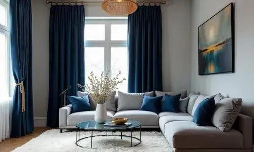Elegant gray furniture complemented by navy blue curtains, adding a bold and sophisticated touch to the room."
