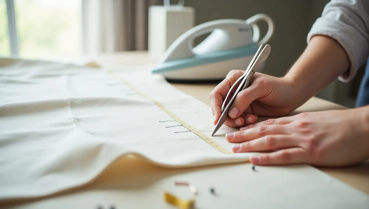 Hands carefully hemming a curtain using pins, a measuring tape, and a sewing machine.Straight Hem on Curtains