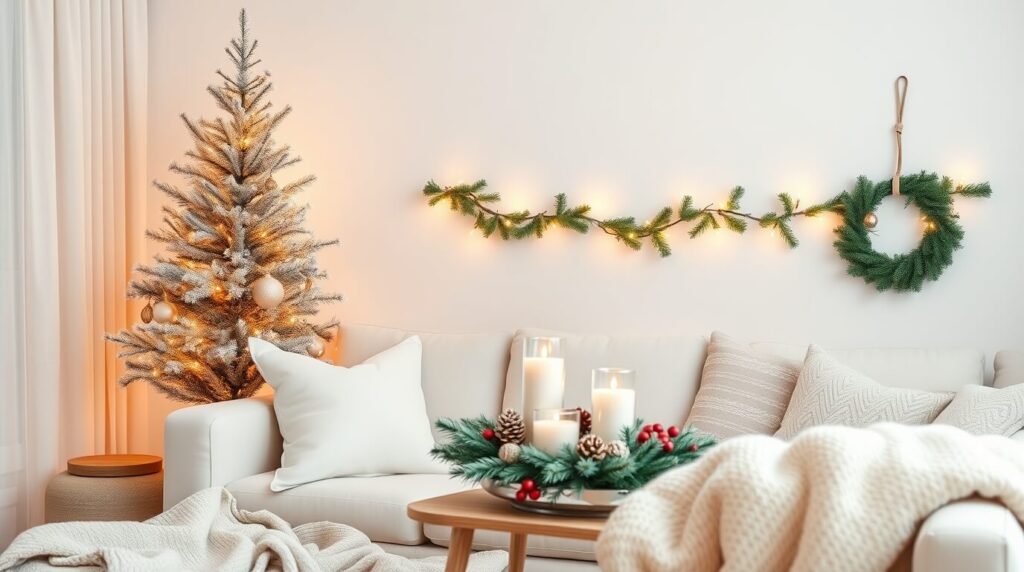 A modern small living room with Christmas decorations, including a slim tree in the corner, candles on the table, and fairy lights enhancing the holiday mood