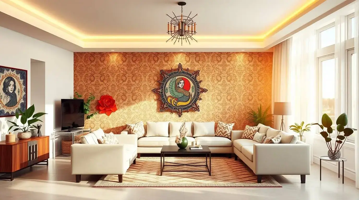 A modern living room with a stylish accent wall, neutral decor, and elegant furnishings, showcasing a balanced wall decoration approach.