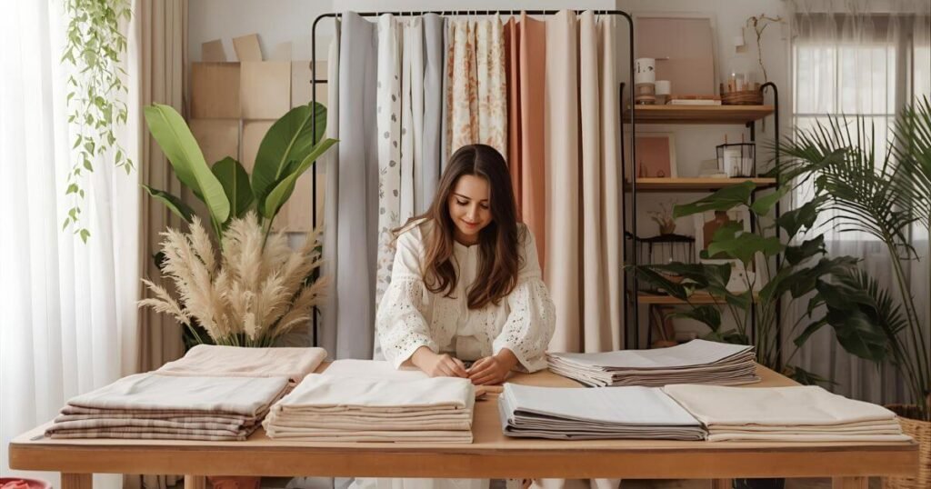 Bushra from BiyaDecor designing curtain combinations in her décor studio.