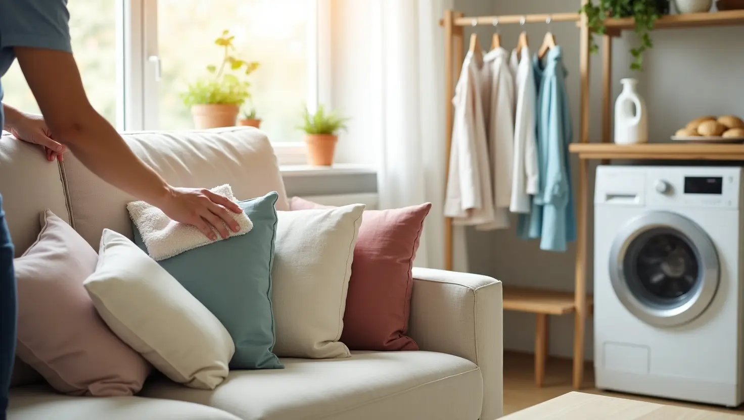 A person cleaning a decorative throw pillow on a cozy couch with different fabric types, while another pillow dries on a rack nearby