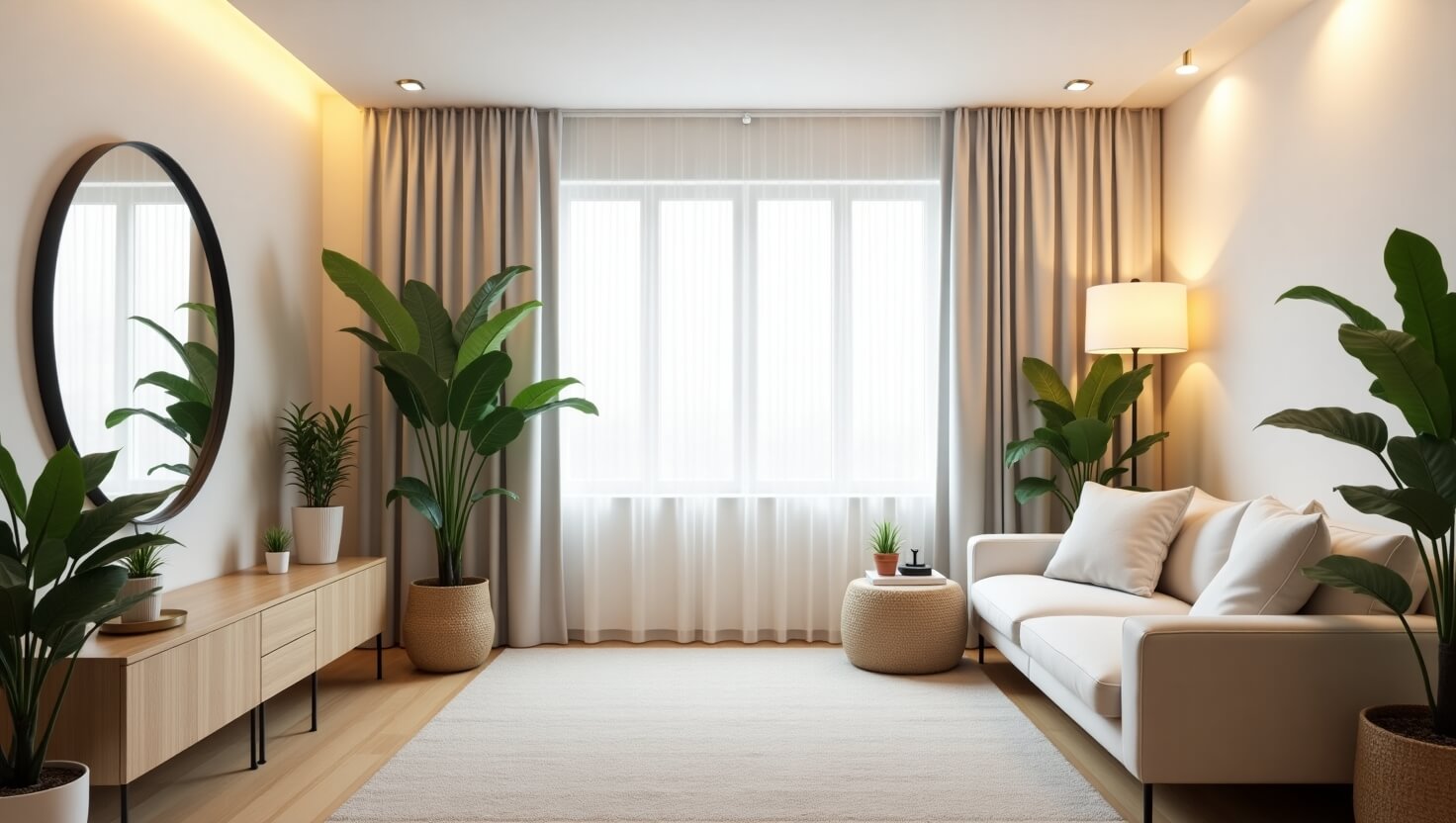A cozy, well-lit room without windows featuring bright walls, mirrors, and layered lighting for an airy feel