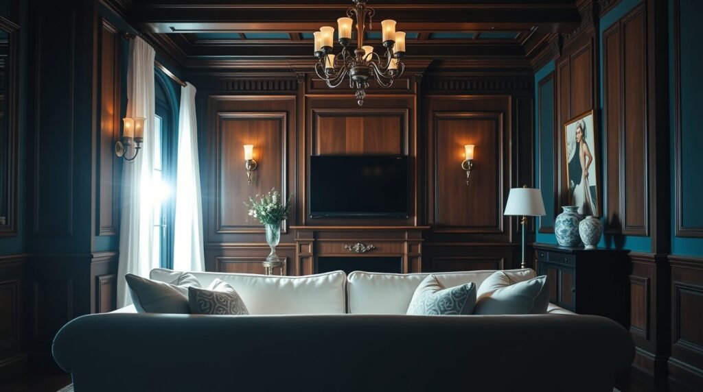 A contemporary living room featuring vertical wood paneling, a chic white couch, and decorative elements for a warm and inviting ambiance