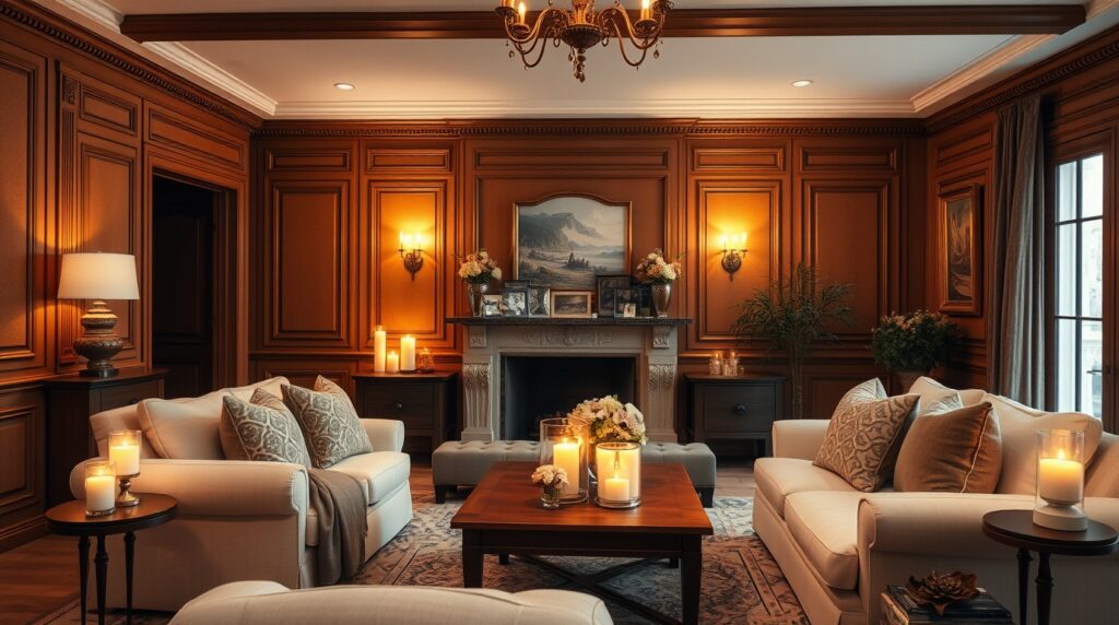 A beautifully transformed 70s-style wood-paneled living room with painted walls, accent lighting, and stylish furniture.