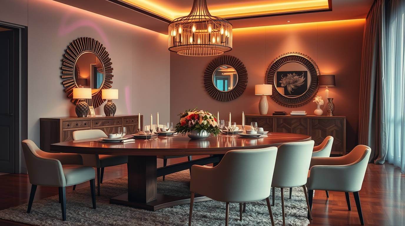 Elegant dining room with a wooden table, pendant lights, and a cozy ambiance.