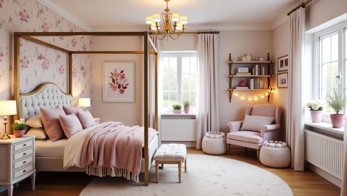 A cozy little girl's bedroom with soft transitional decor, featuring pastel tones, a tufted bed, and elegant lighting."