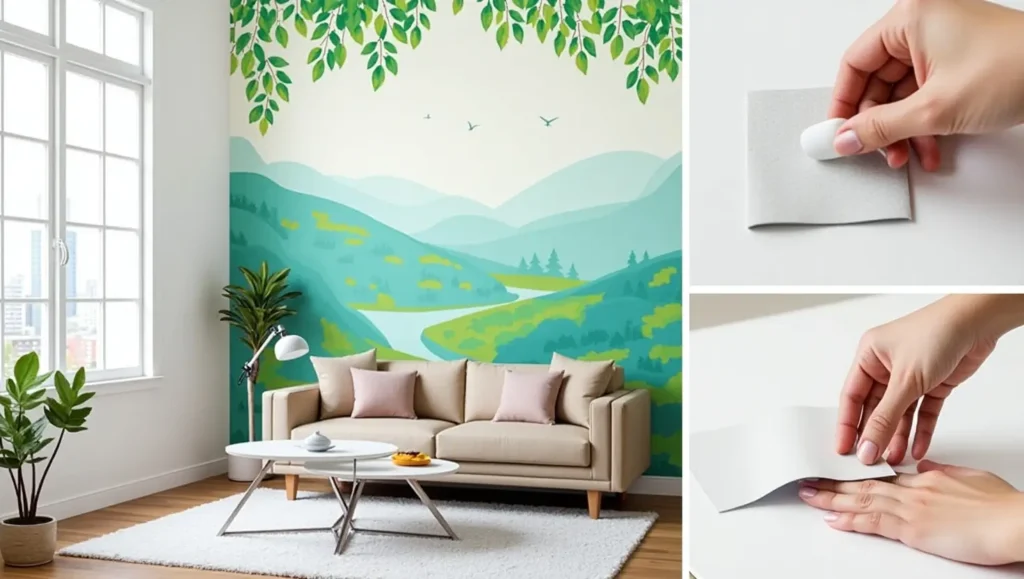 A close-up of peel and stick wall decals being applied to a smooth wall surface, showing easy and damage-free decoration.