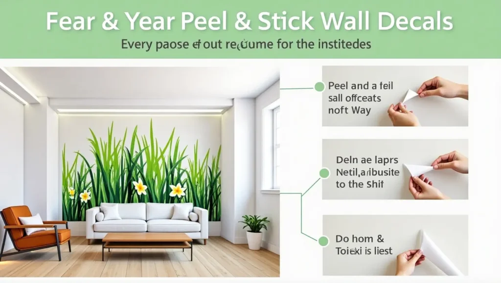 A modern living room with vibrant peel and stick wall decals, showcasing a stylish and easy home decorating solution.