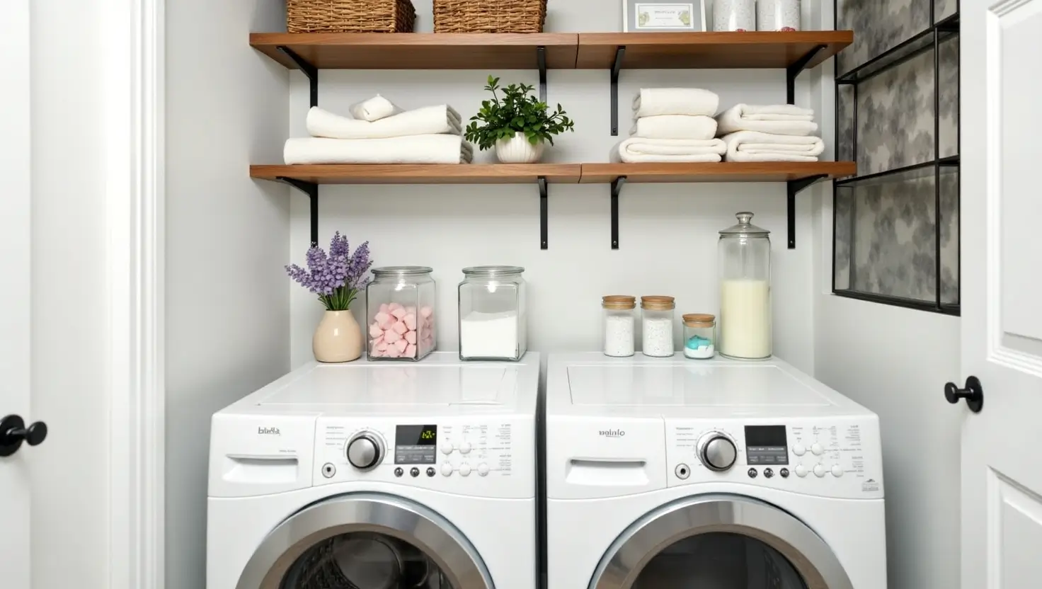 Open shelving units in a stylish laundry room with folded towels, baskets, and modern decor elements.