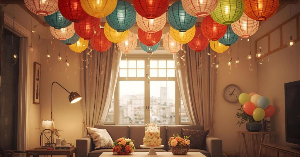 Simple birthday decoration ideas at home with colourful paper lanterns hanging in living room