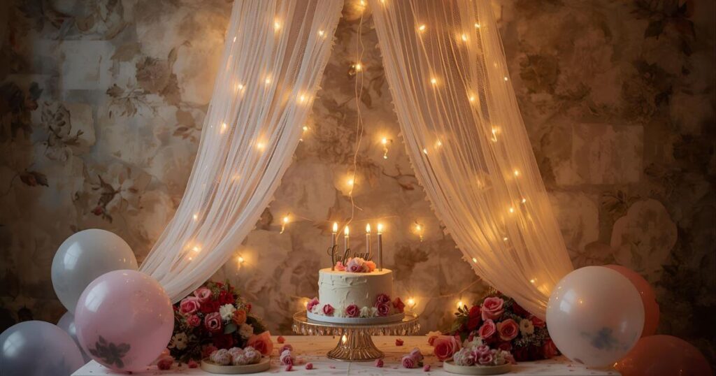 Simple birthday decoration ideas at home with cake table under canopy and fairy lights