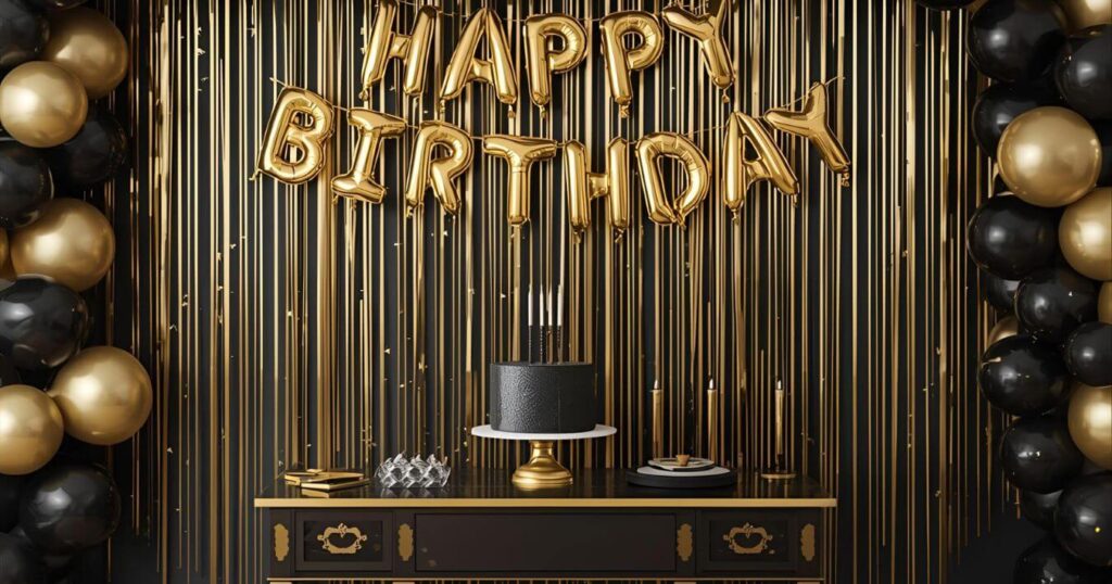 Simple birthday decoration ideas at home with black and gold theme balloons and candles