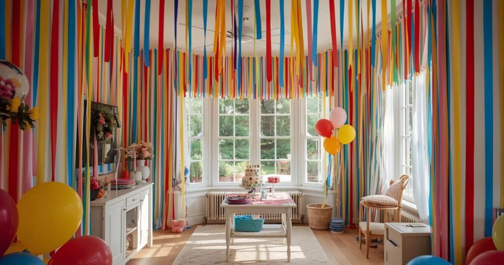 Simple birthday decoration ideas at home with colourful streamers and ribbons on ceiling