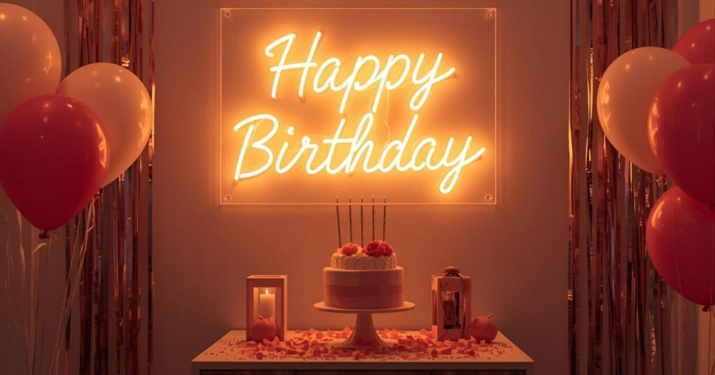 Simple birthday decoration ideas at home with neon Happy Birthday LED sign
