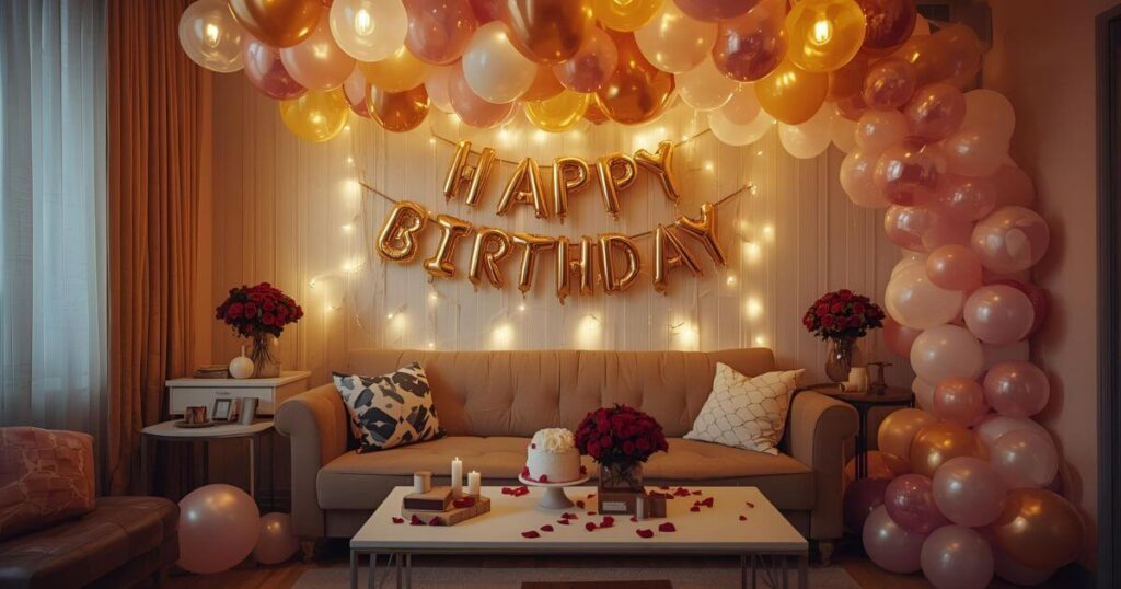 Simple birthday decoration ideas at home with ceiling balloons, roses, sofa, and cake table