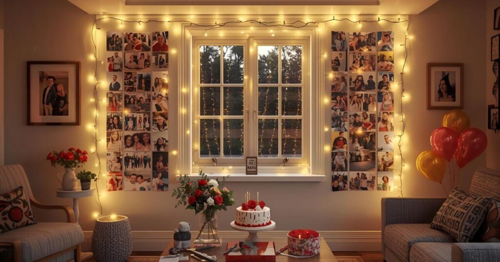 Simple birthday decoration ideas at home with photo collage backdrop and window decorated with balloons and fairy lights
