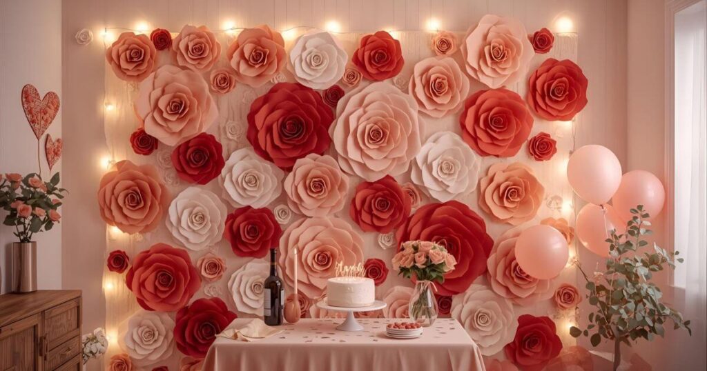 Simple birthday decoration ideas at home with DIY paper flowers in pastel lavender, cream, and peach as a wall backdrop