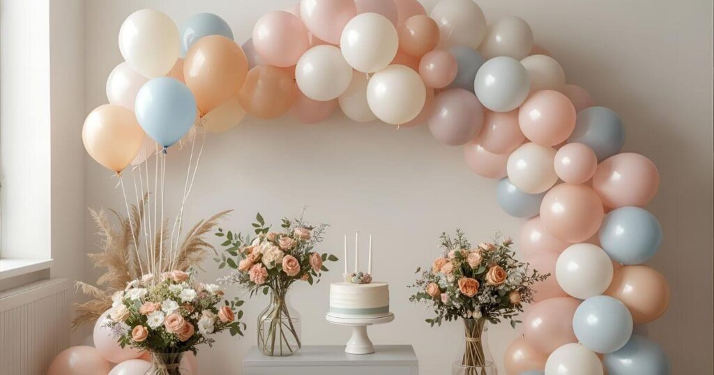 Simple birthday decoration ideas at home using eco-friendly biodegradable balloons with fresh flowers