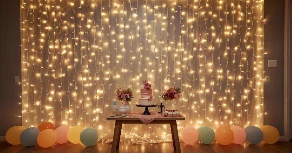 Simple birthday decoration ideas at home with fairy light curtains behind the cake table and pastel balloonsSimple birthday decoration ideas at home with fairy light curtains behind the cake table and pastel balloons