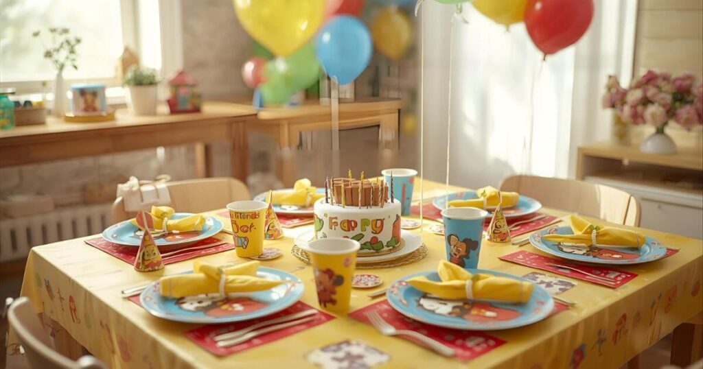 Simple birthday decoration ideas at home with cartoon theme table setup including plates, cups, and napkins