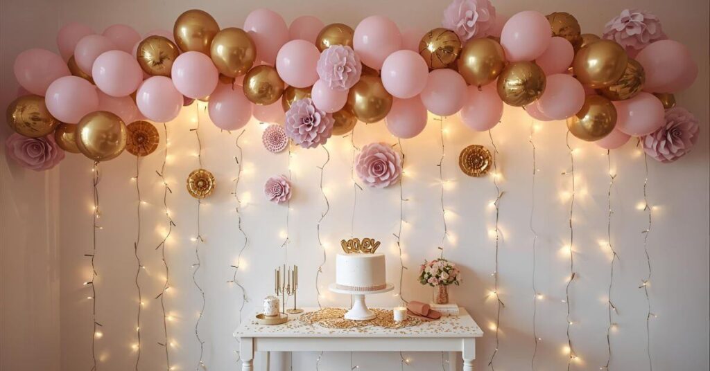 Birthday wall decoration with pastel pink and metallic gold balloon garland, fairy lights, and DIY cake table setup at home