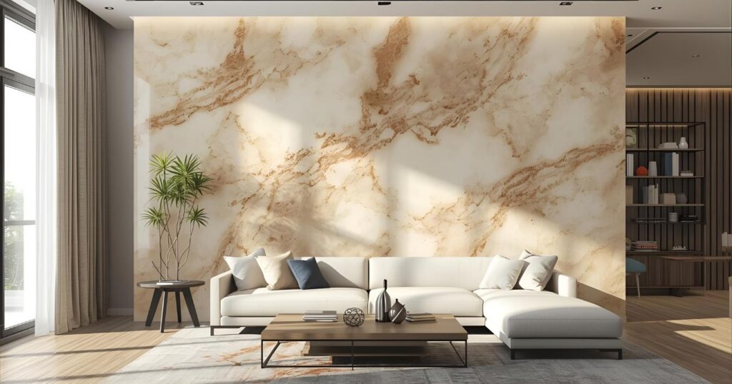 Living room interior with beige PVC marble sheet wall, clear furniture layout, and modern design.