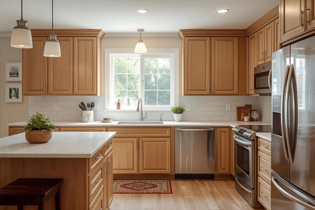 A modern American suburban kitchen with light brown cabinets and quartz countertops