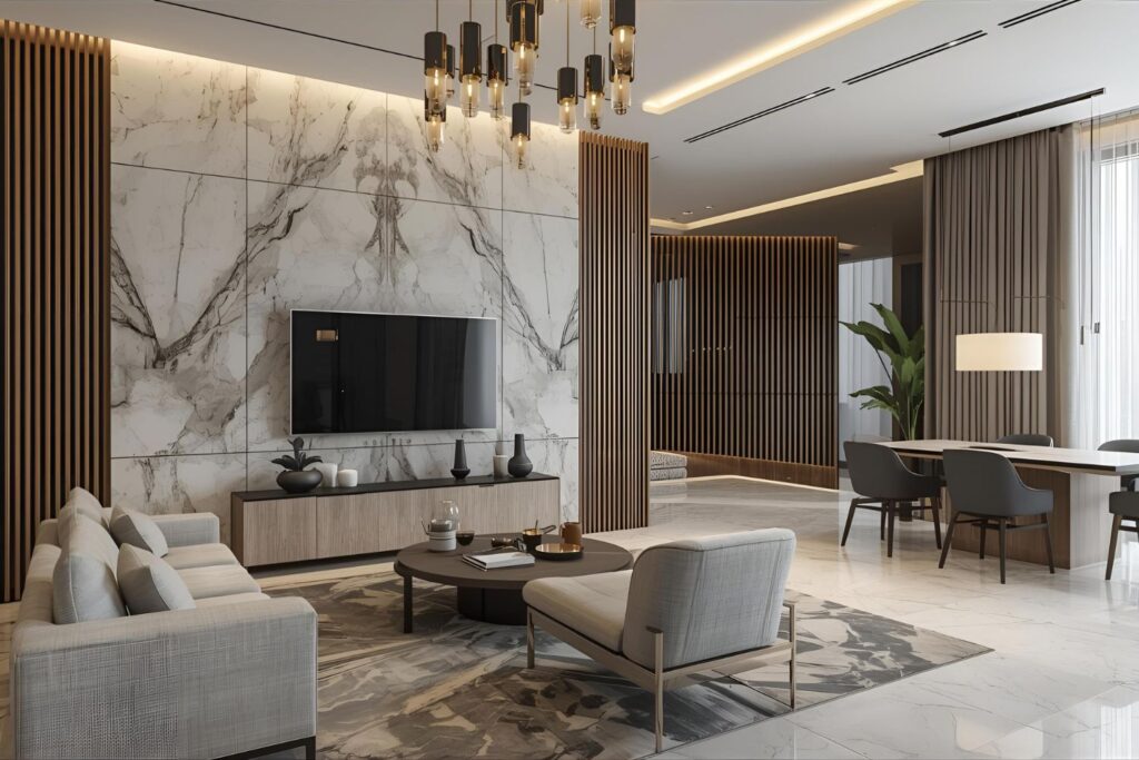 Modern interiors showcasing elegance and practicality of PVC marble sheets