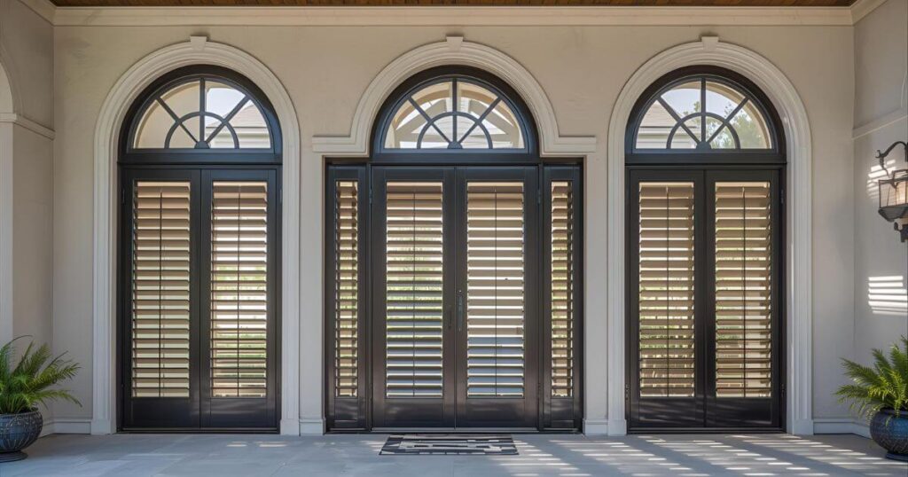 Front entryway with full-height arched shutters in a contemporary