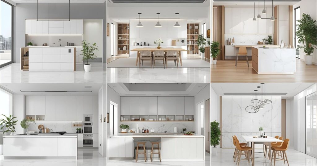 Kitchen, office, and dining areas featuring white PVC marble sheets with clear interior structure.