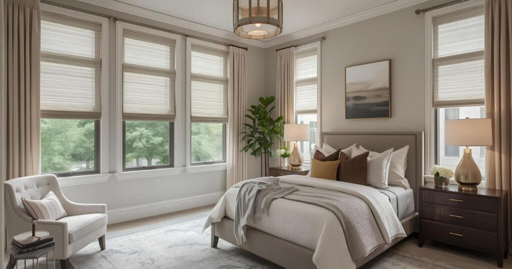 2025 stylish bedroom with modern cellular shades.