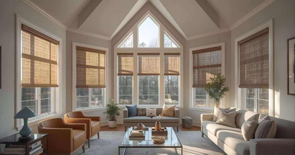 Hero image showing blinds on triangular and unique-shaped windows in a modern home.