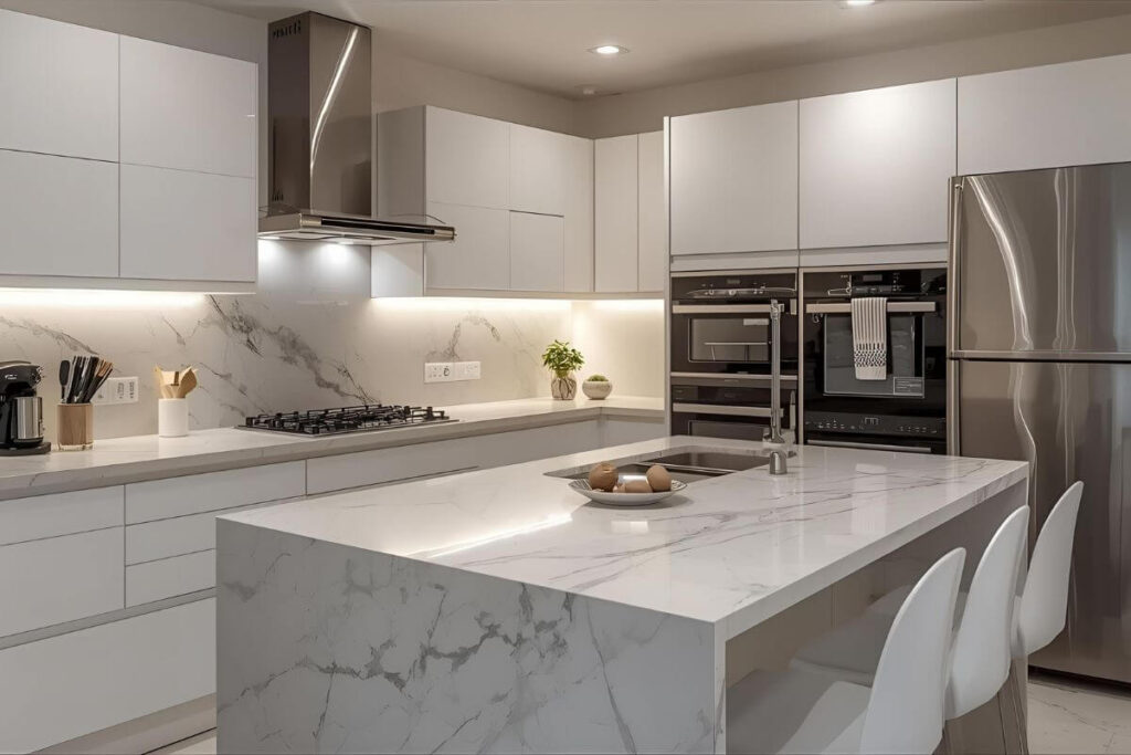 Modern kitchen with PVC marble backsplash and cabinets.