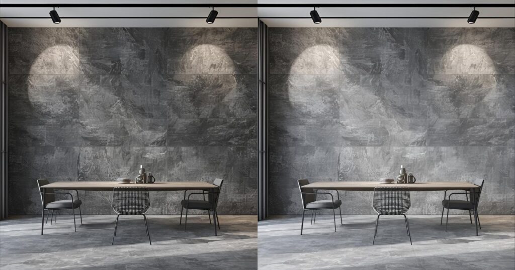 Studio room showing gray PVC marble sheet and real marble with clear furniture and room layout.