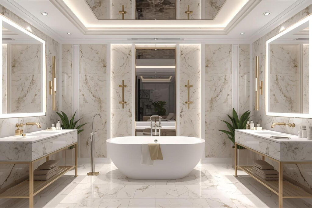 Bathroom interior with PVC marble wall panels and LED mirror.