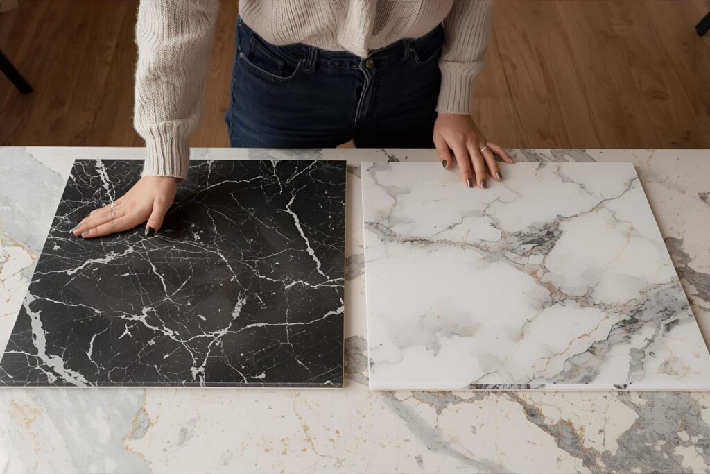 Designer comparing natural marble and PVC marble sheet for cost-effectiveness.