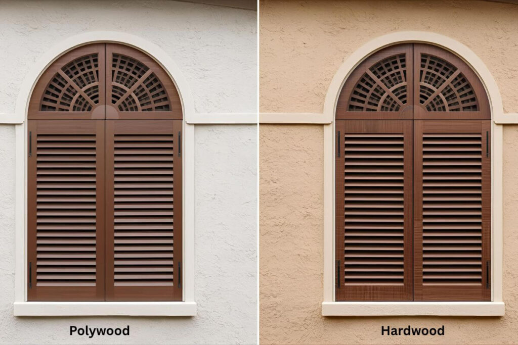 Polywood faux wood vs hardwood arched shutters comparison.
