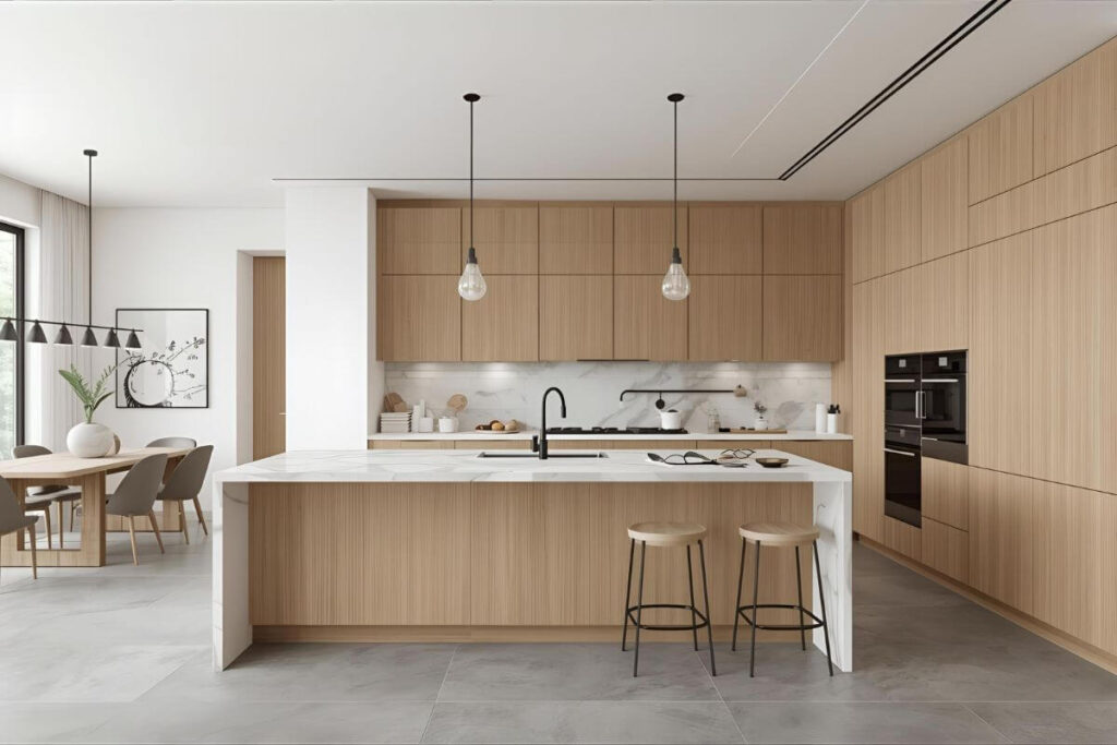 A modern American kitchen with light brown cabinets and a spacious open layout.