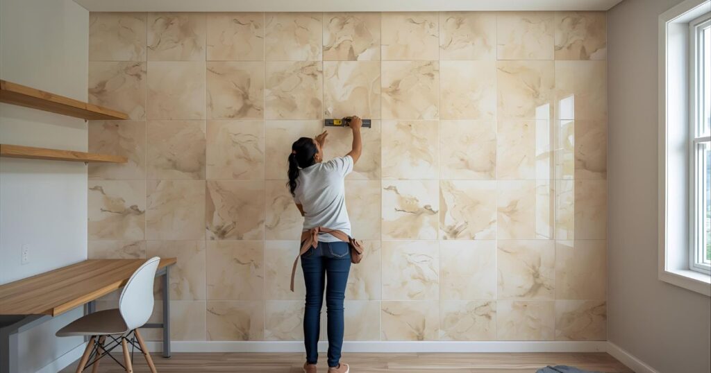Home office interior with cream PVC marble sheet installation, showing furniture and room structure clearly.