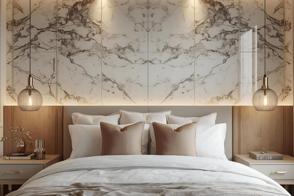 Bedroom with PVC marble headboard wall and soft lighting.
