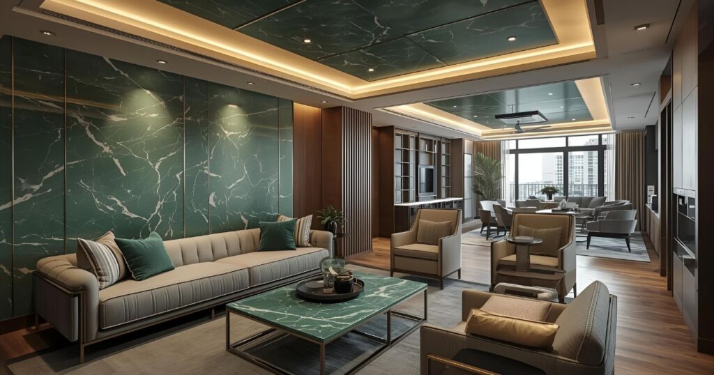 Living room interior with green PVC marble sheets, showing walls, furniture, and ceiling clearly.